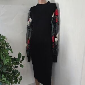Almost Famous Black Knit Mesh Floral Sleeves Bodycon Long Dress Size 2X